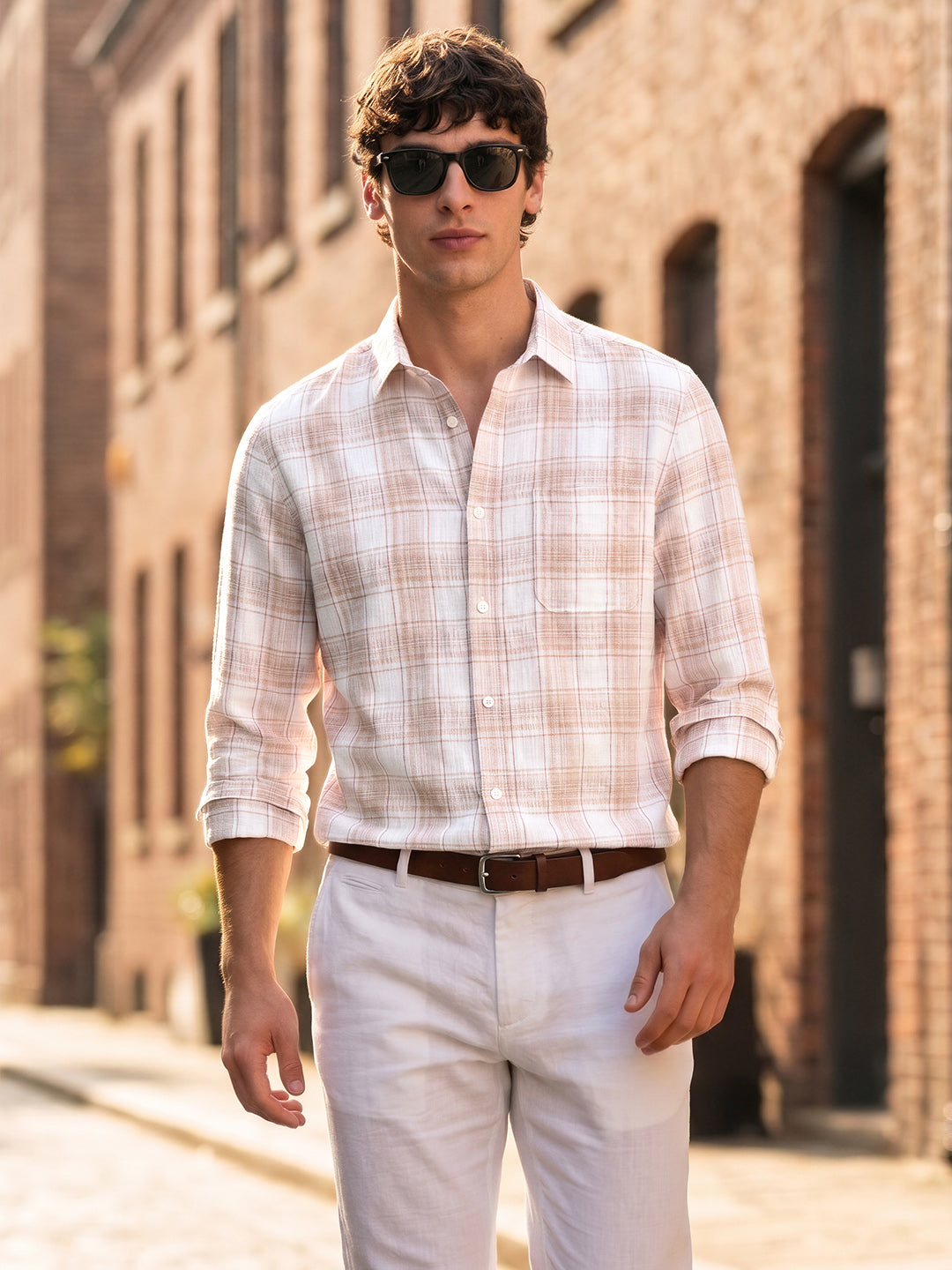 Men's White Slim Fit Checkered Casual Shirt