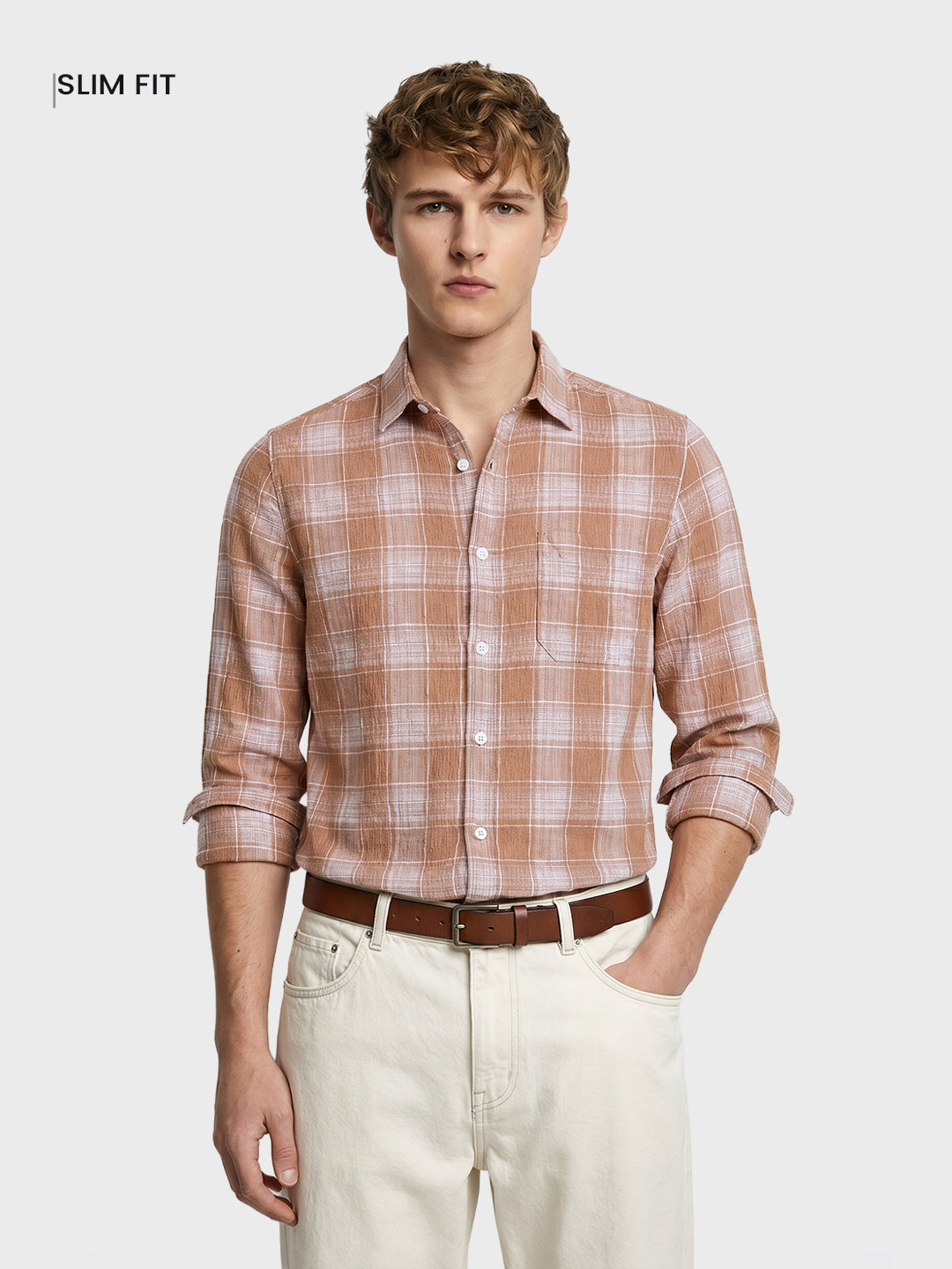 Men's Brown Slim Fit Checkered Casual Shirt