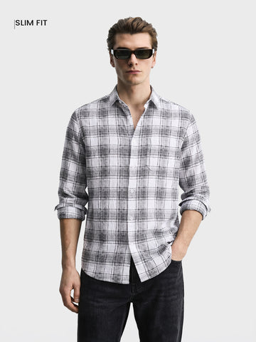 Men's White Slim Fit Checkered Casual Shirt