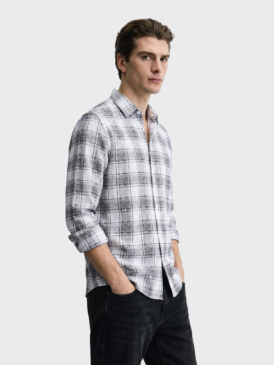 Men's White Slim Fit Checkered Casual Shirt