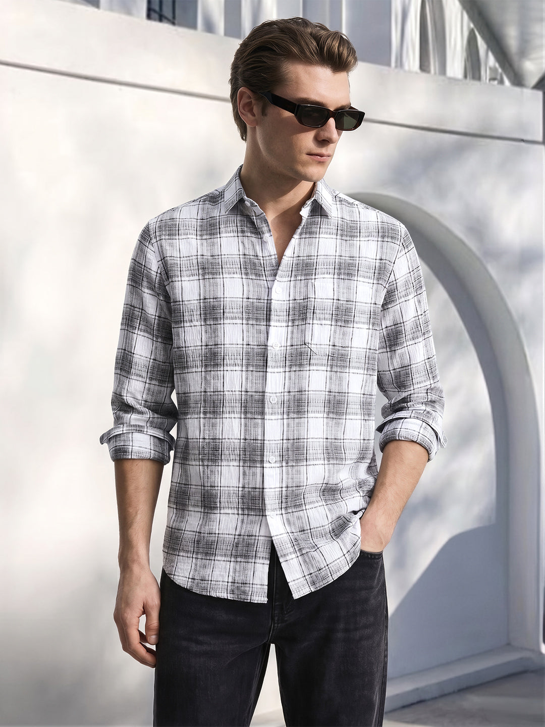 Men's White Slim Fit Checkered Casual Shirt