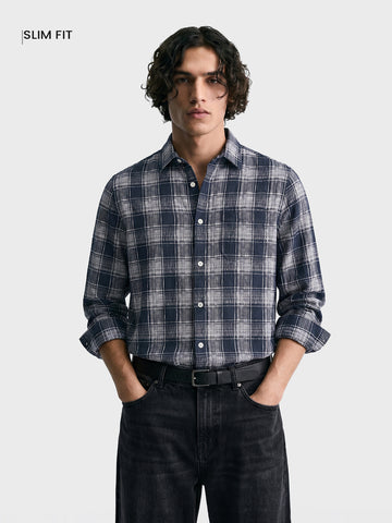 Men's Grey Slim Fit Checkered Casual Shirt