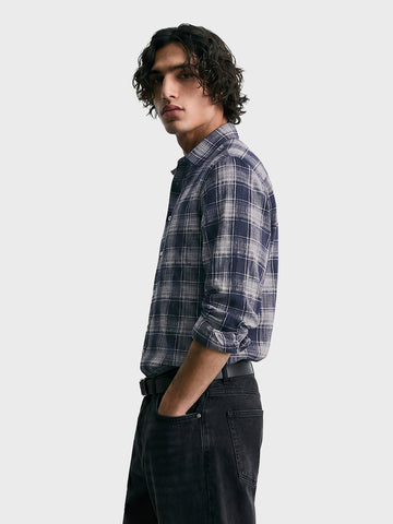 Men's Grey Slim Fit Checkered Casual Shirt