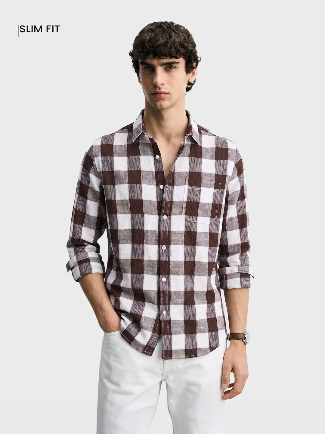 Men's Brown Slim Fit Checkered Casual Shirt
