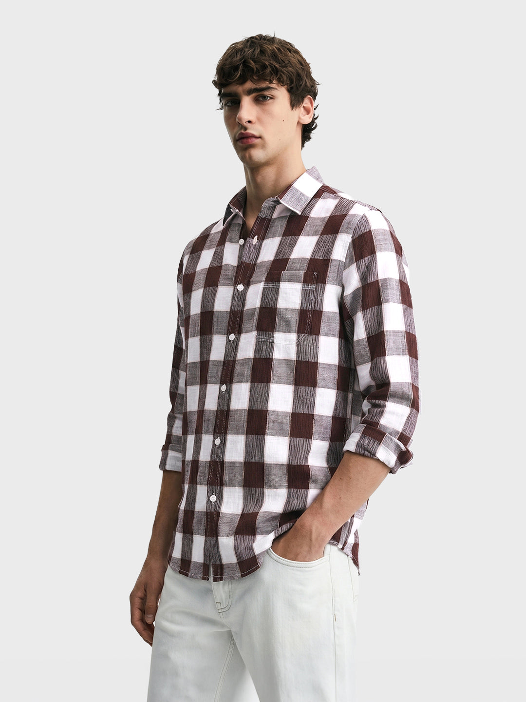 Men's Brown Slim Fit Checkered Casual Shirt