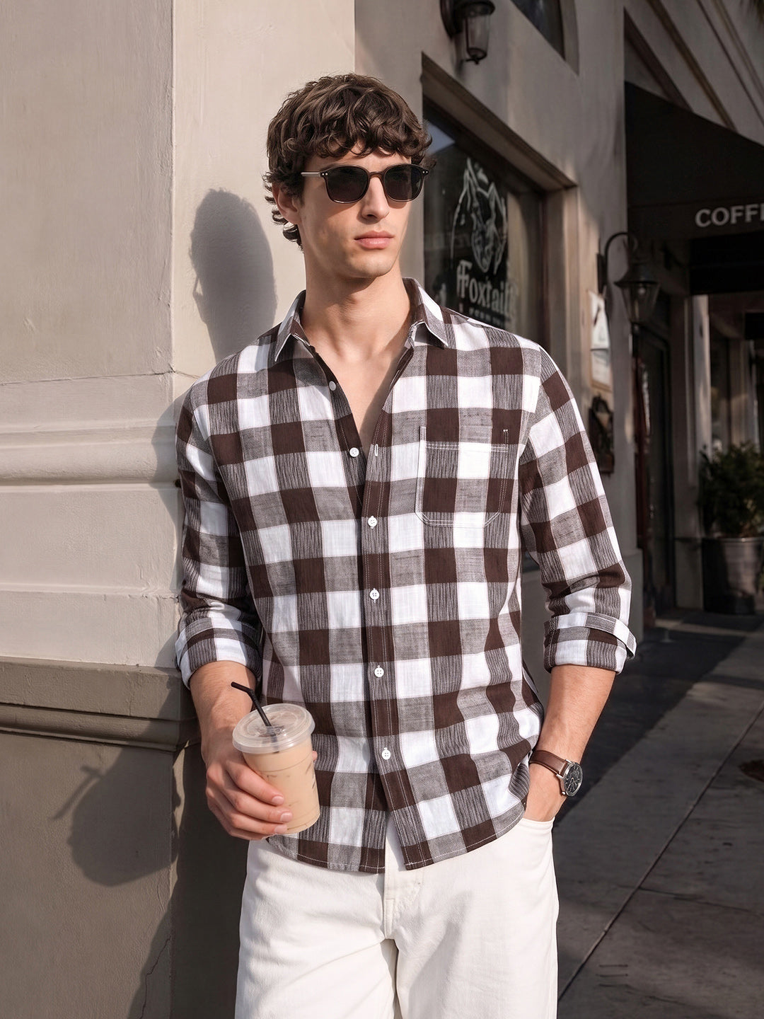 Men's Brown Slim Fit Checkered Casual Shirt