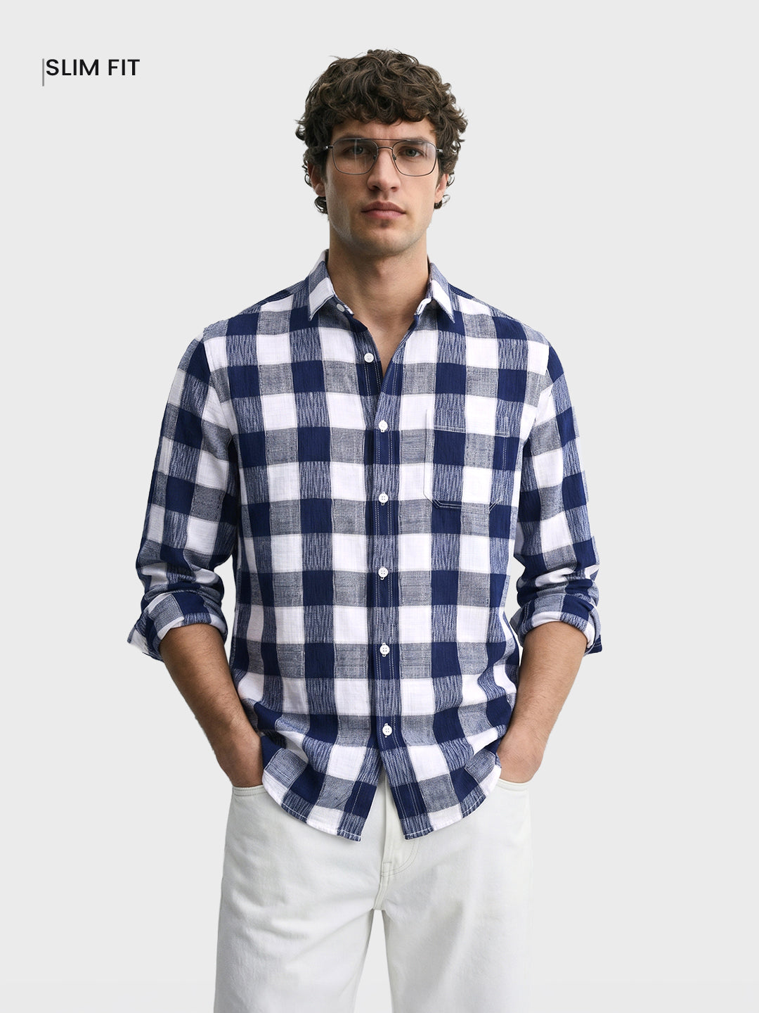 Men's Blue Slim Fit Checkered Casual Shirt