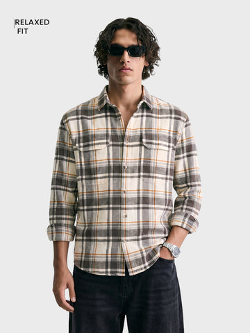Men's Grey Relaxed Fit Checkered Casual Shirt