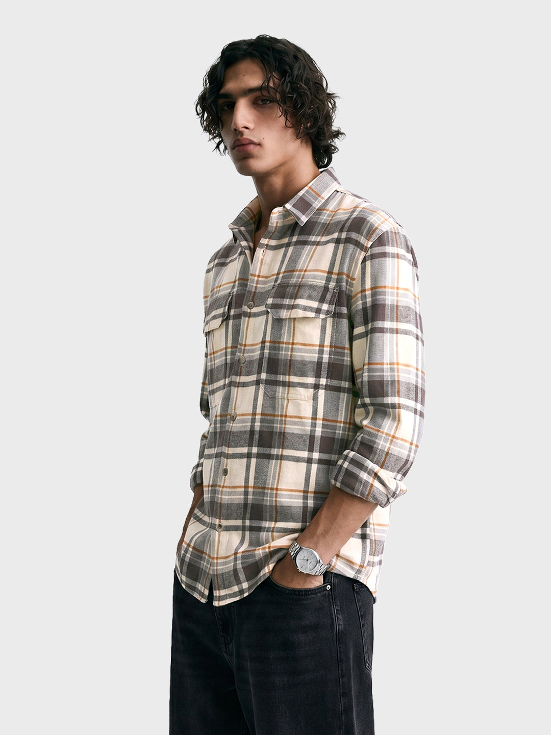 Men's Grey Relaxed Fit Checkered Casual Shirt