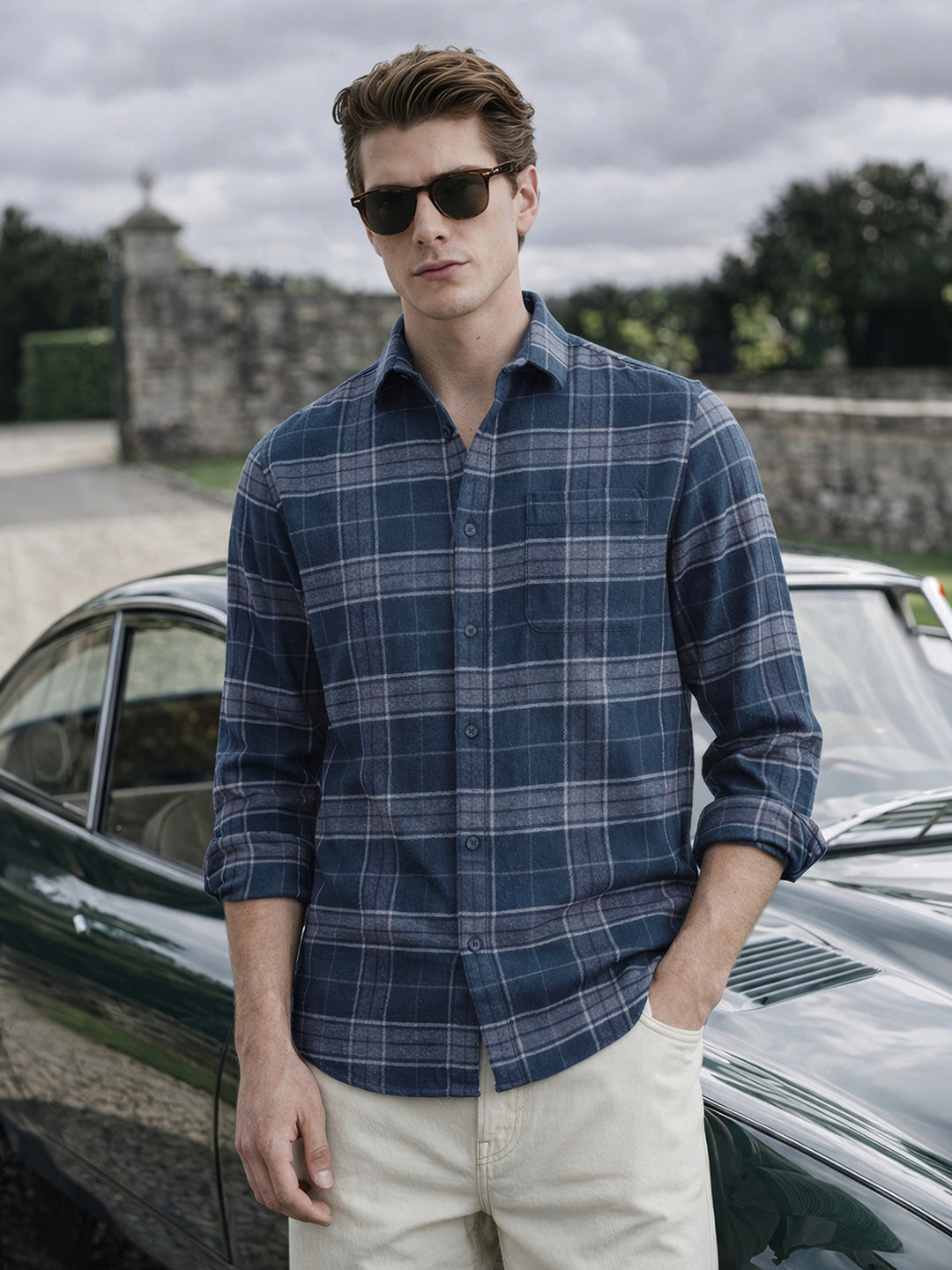 Men's Blue Slim Fit Checkered Casual Shirt