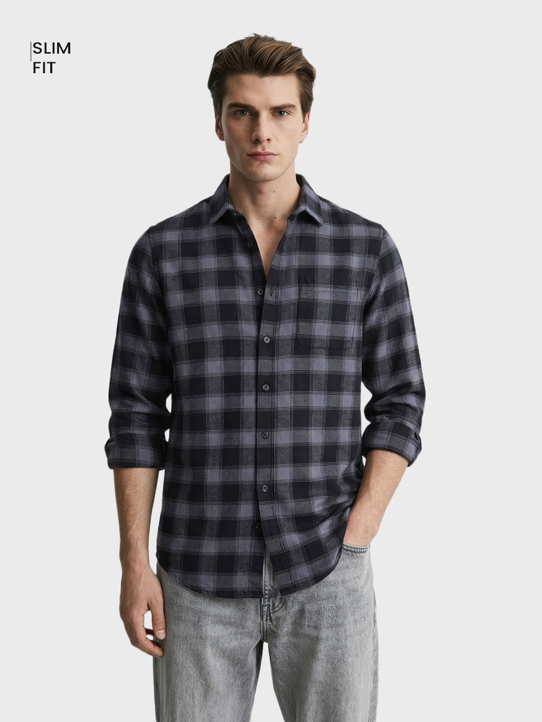 Men's Black Slim Fit Checkered Casual Shirt