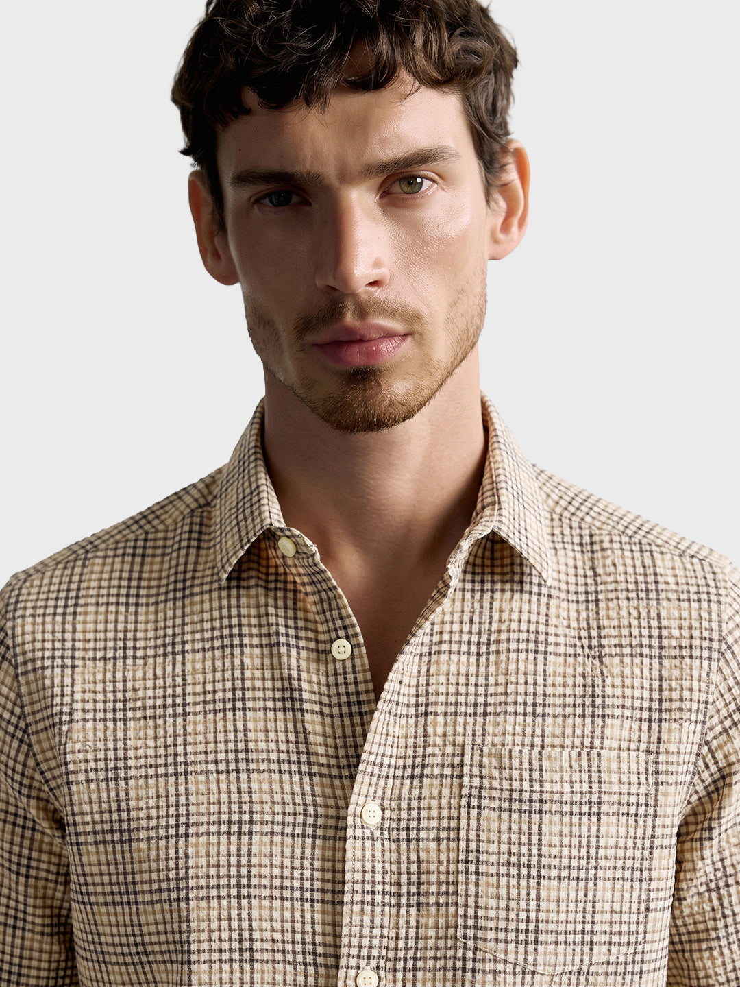 Men's Khaki Slim Fit Checkered Casual Shirt