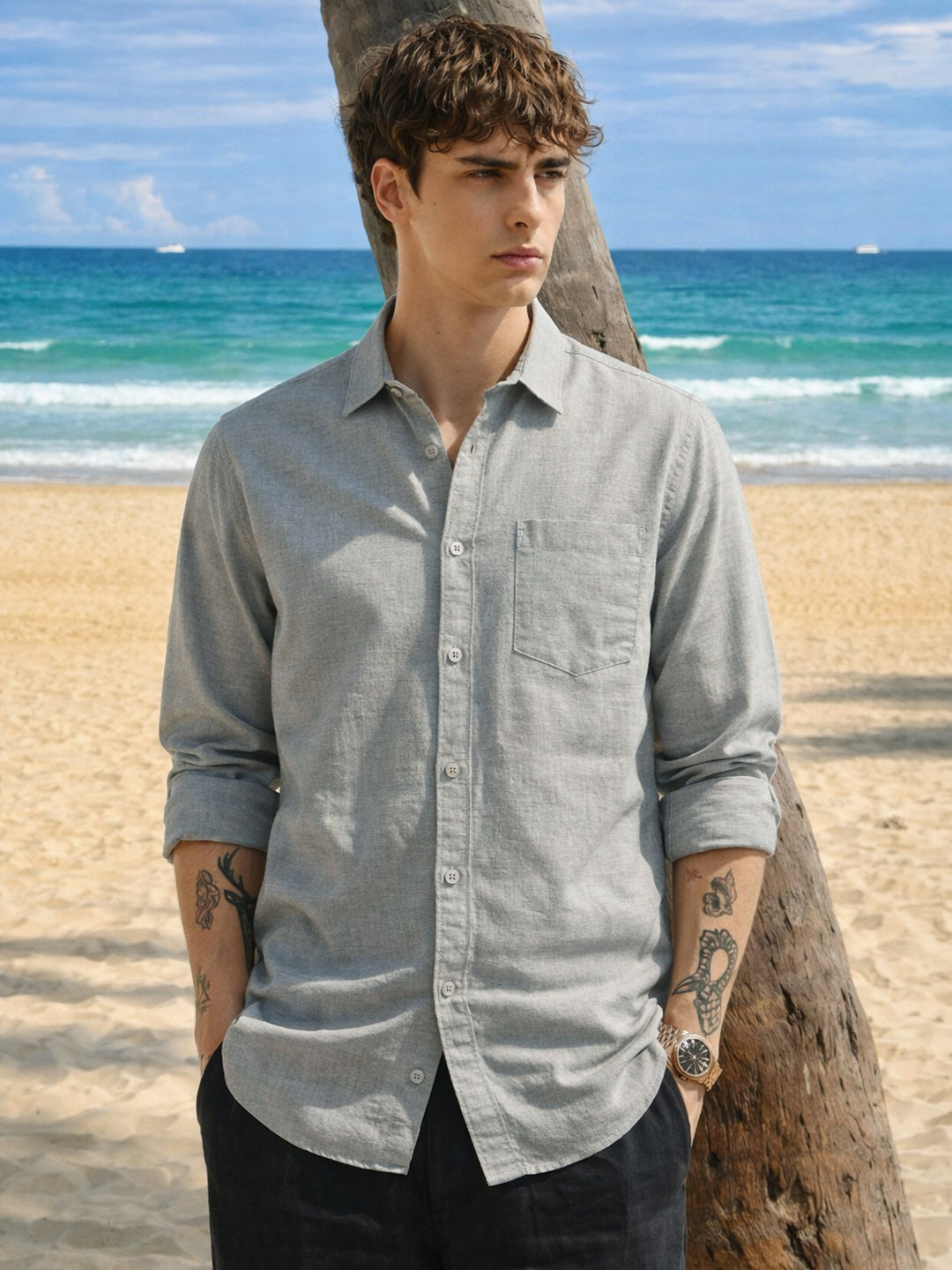 Men's Grey Slim Fit Solid Casual Shirt