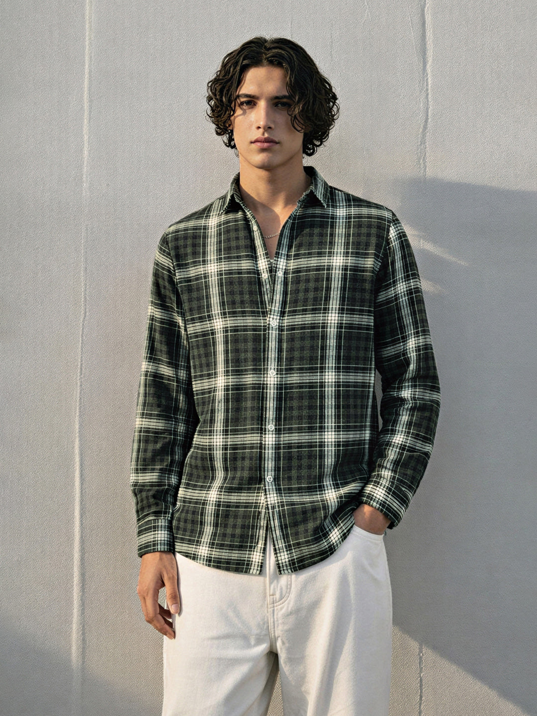 Men's Green Slim Fit Checkered Casual Shirt