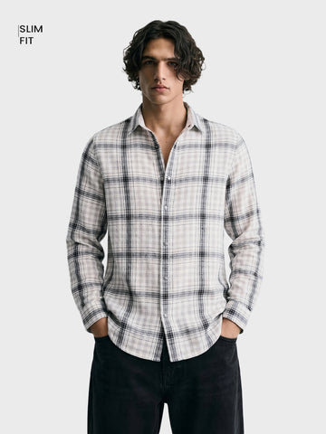 Men's Grey Slim Fit Checkered Casual Shirt