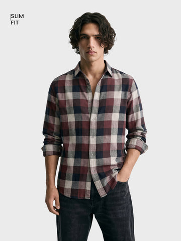 Men's Maroon Slim Fit Checkered Casual Shirt
