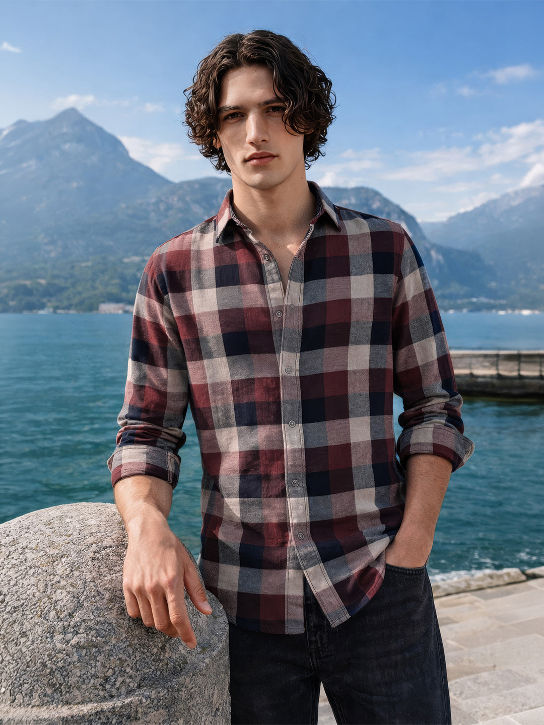 Men's Maroon Slim Fit Checkered Casual Shirt