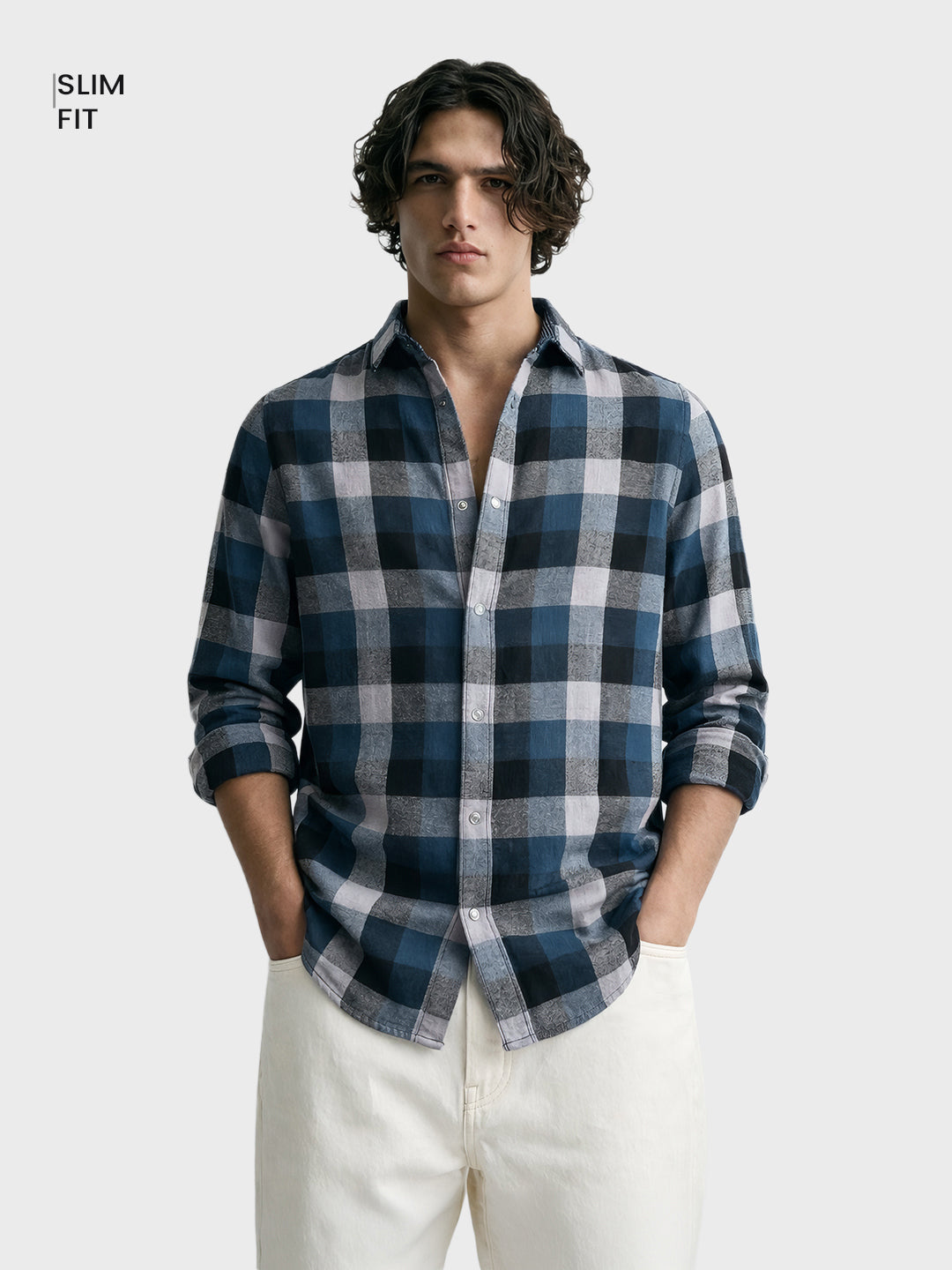 Men's Navy Blue Slim Fit Checkered Casual Shirt