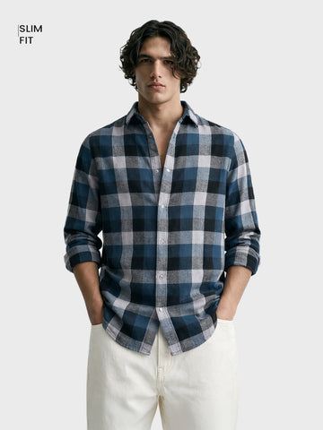 Men's Navy Blue Slim Fit Checkered Casual Shirt