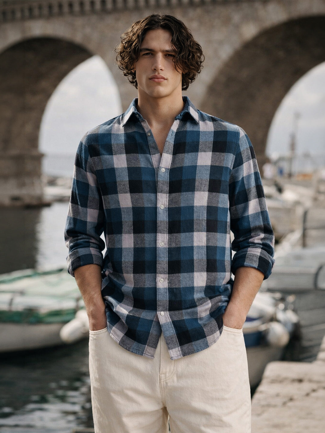 Men's Navy Blue Slim Fit Checkered Casual Shirt