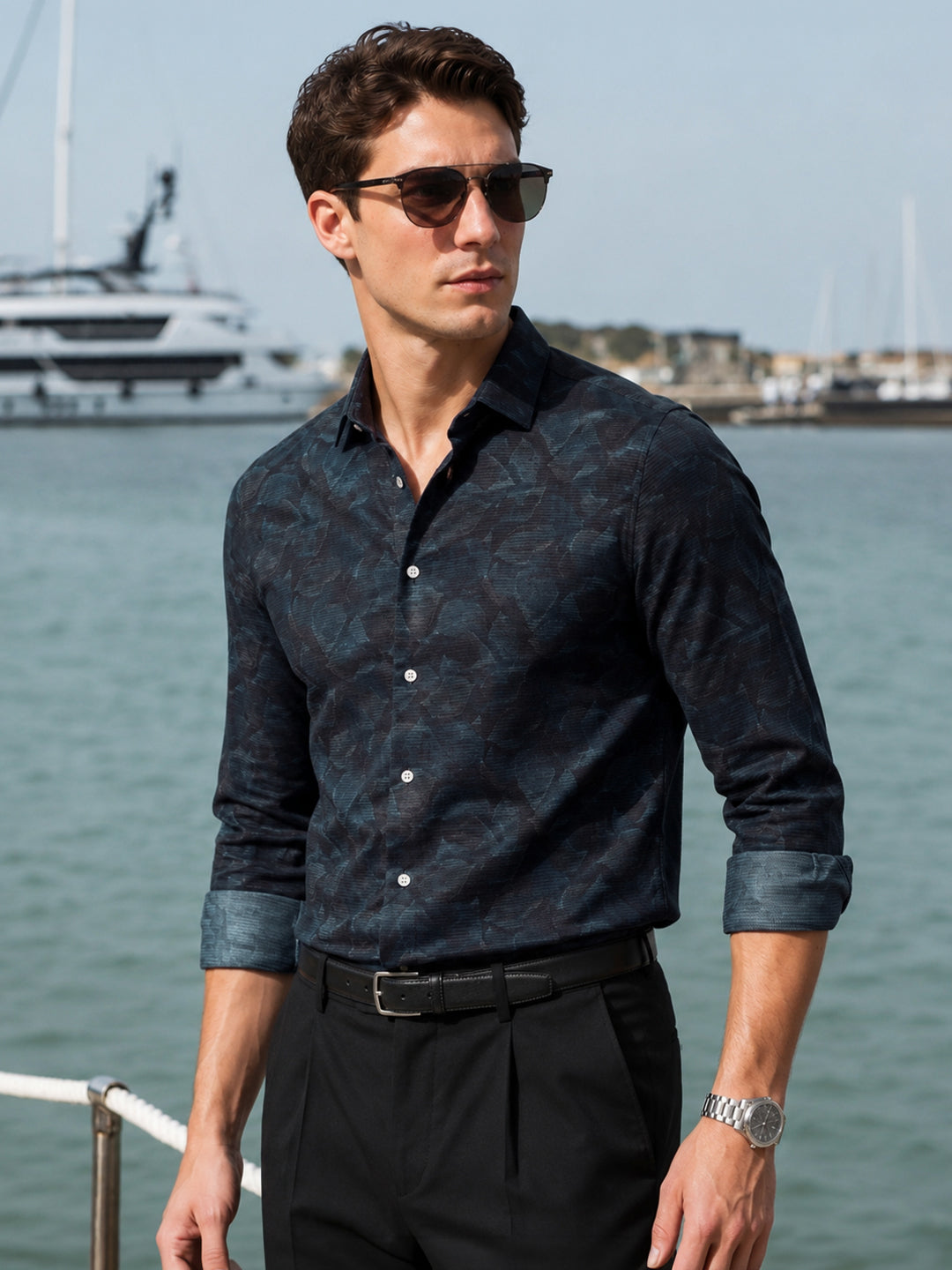 Men's Black Slim Fit Printed Party Wear Shirt