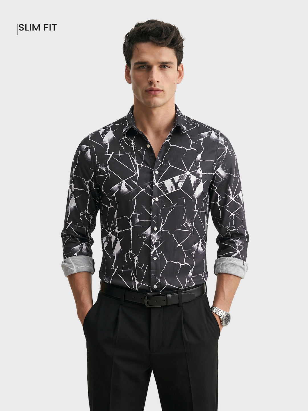 Men's Black Slim Fit Printed Party Wear Shirt
