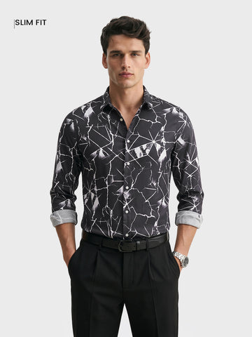Men's Black Slim Fit Printed Party Wear Shirt