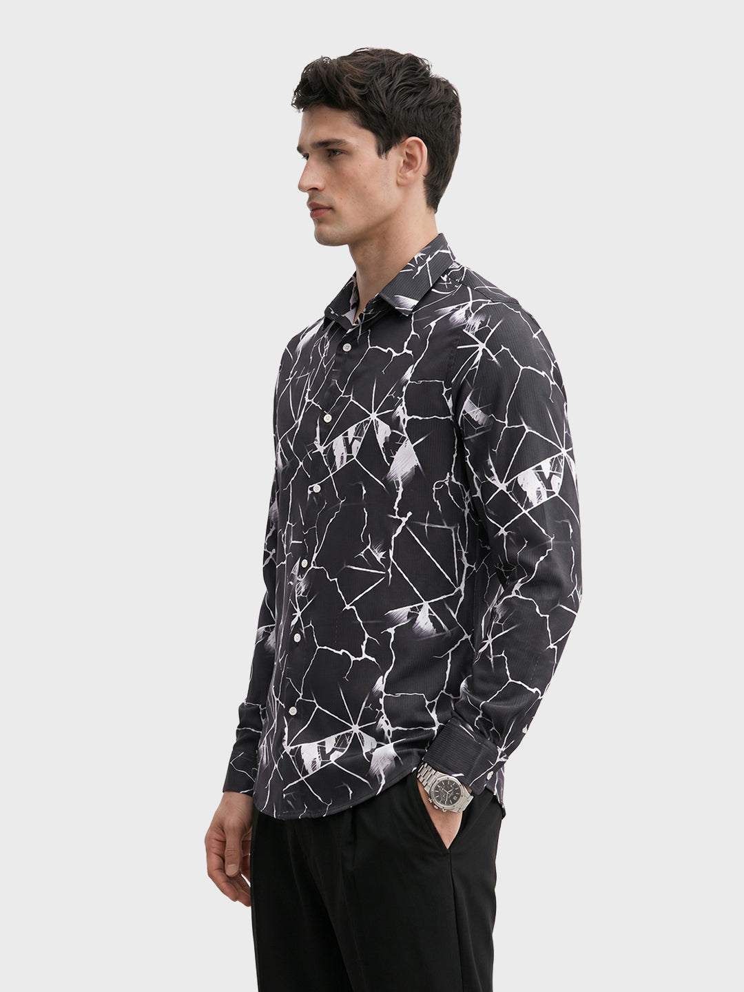 Men's Black Slim Fit Printed Party Wear Shirt