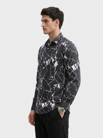 Men's Black Slim Fit Printed Party Wear Shirt