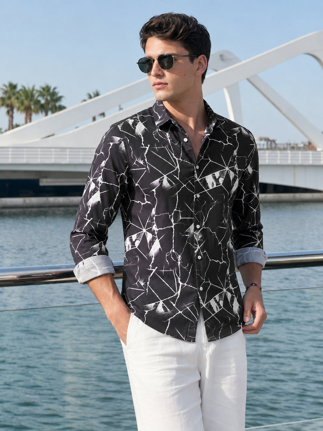 Men's Black Slim Fit Printed Party Wear Shirt