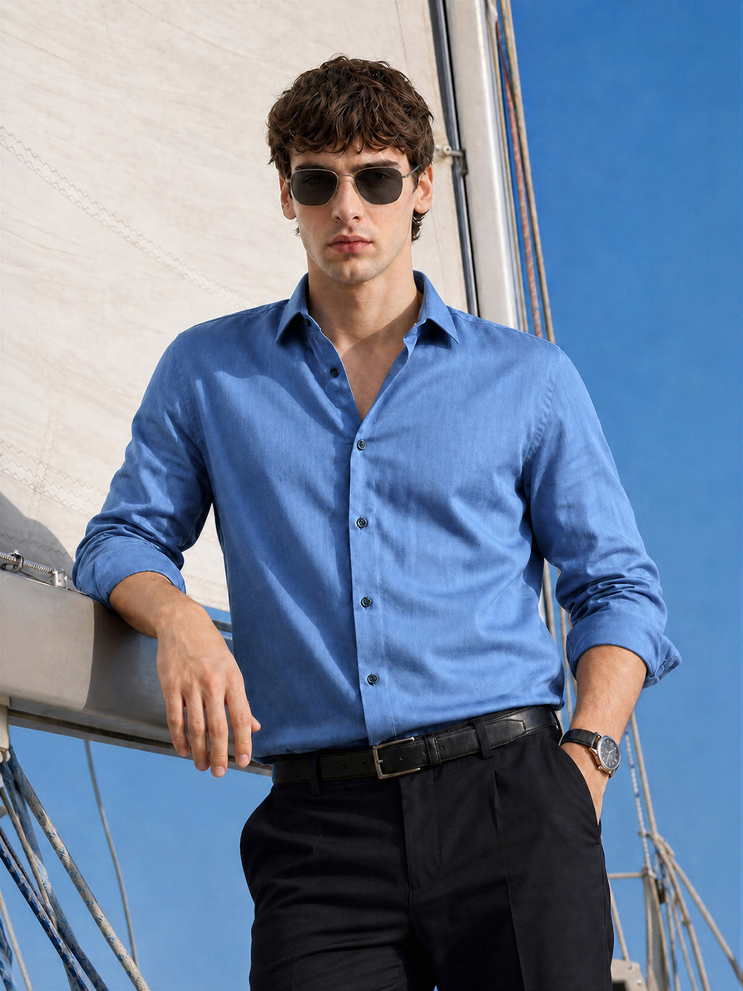 Men's Blue Slim Fit Solid Casual Shirts