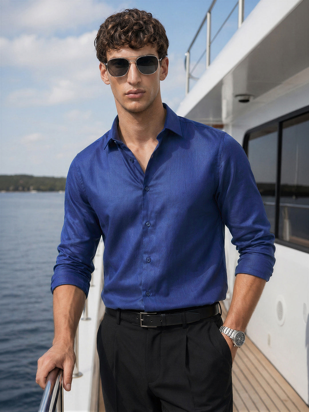 Men's Navy Blue Slim Fit Solid Casual Shirts