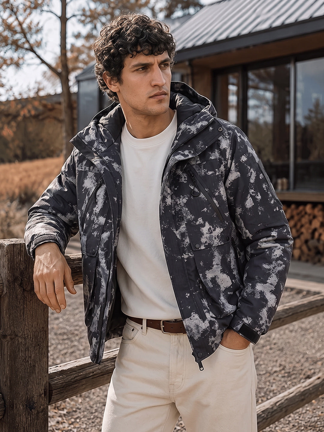 Men's Black Regular Fit Printed Casual Jacket