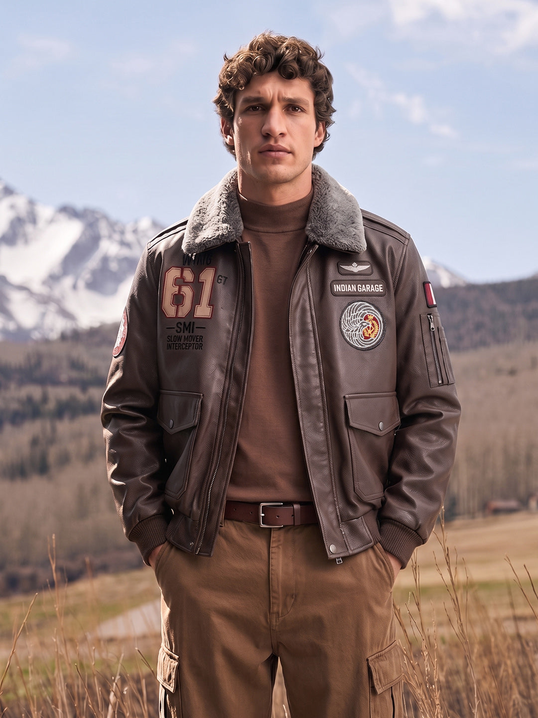 Men's Brown Regular Fit Embroidered Casual Biker Jacket