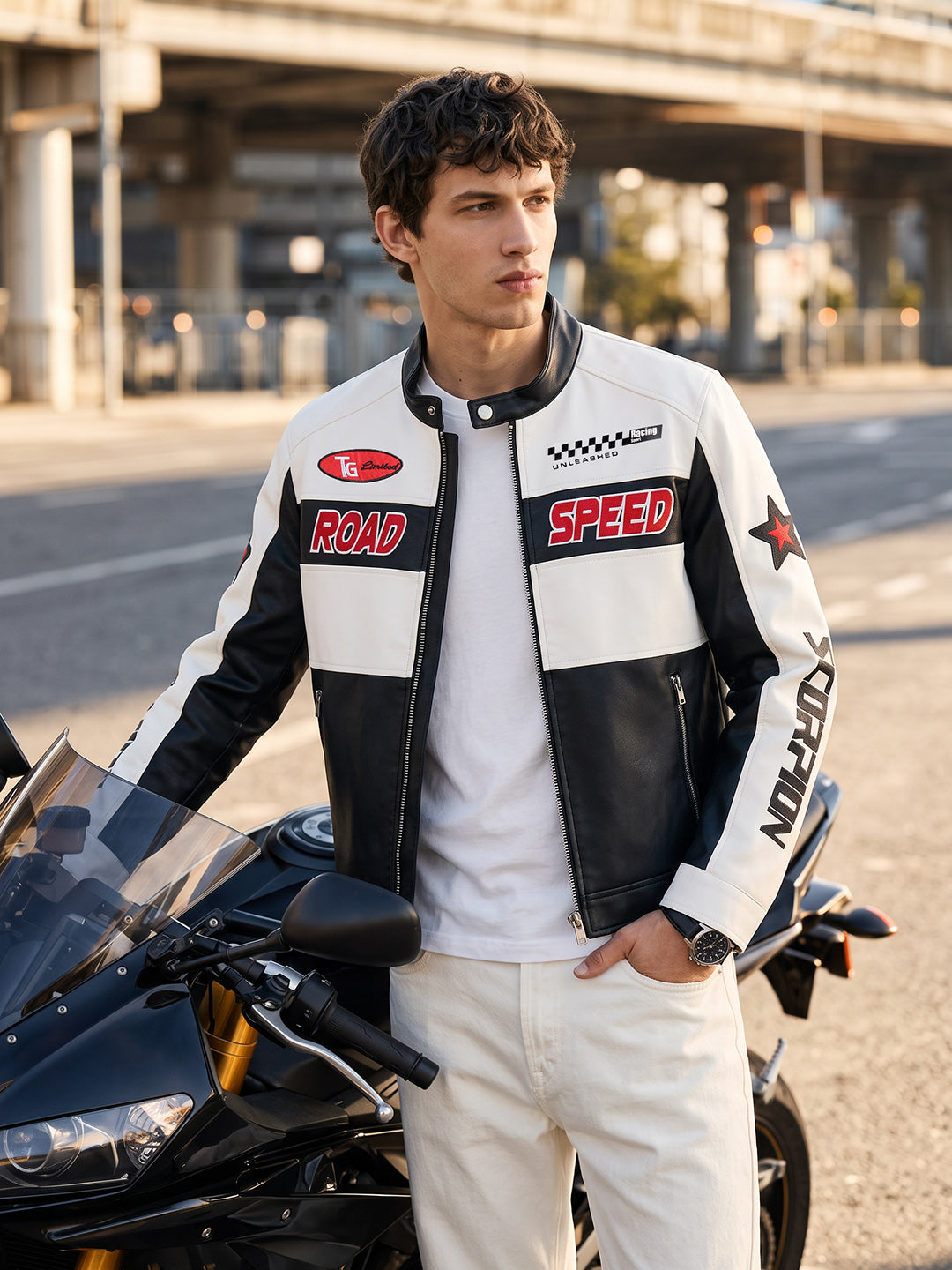 Men's White Slim Fit Embroidered Street Wear Biker Jacket