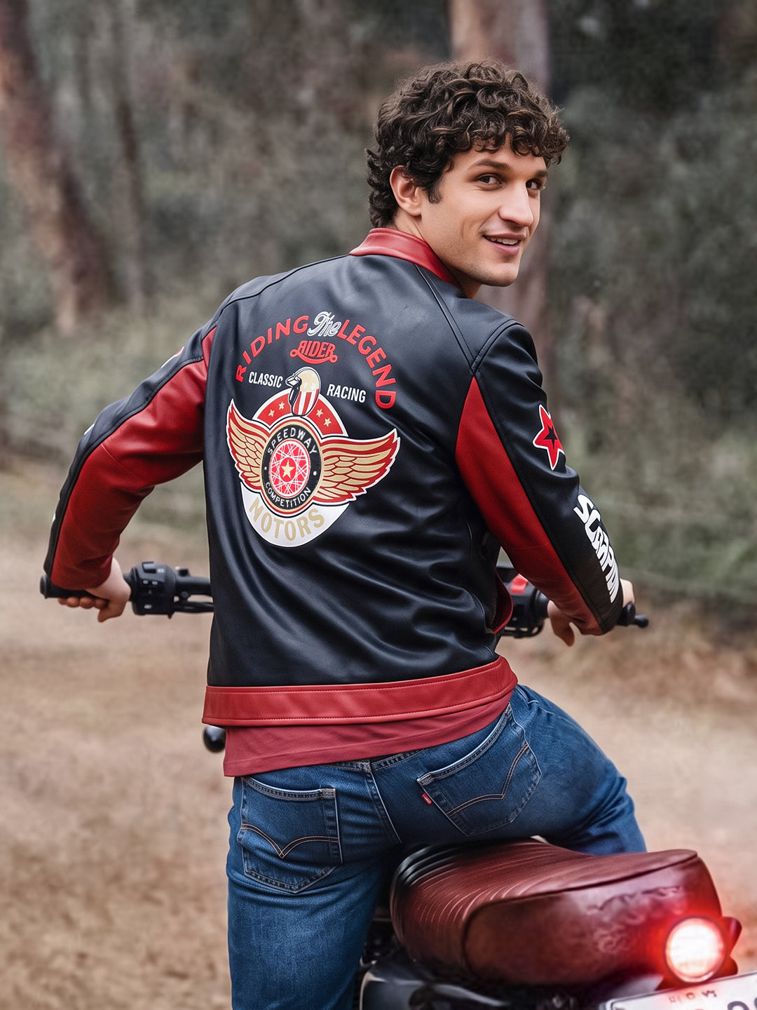 Men's Red Slim Fit Embroidered Street Wear Biker Jacket