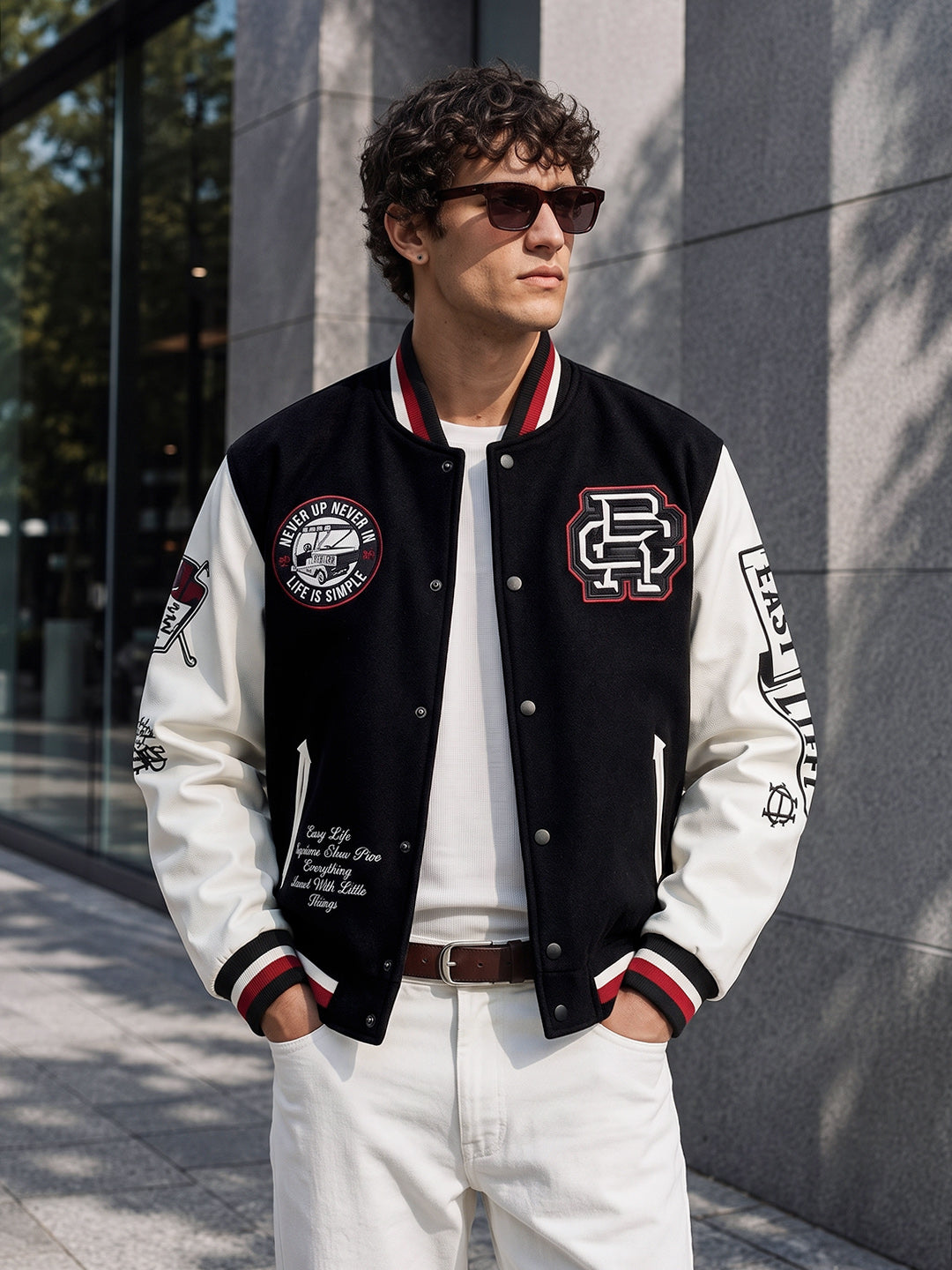 Men's Black Regular Fit Embroidered Casual Biker Jacket