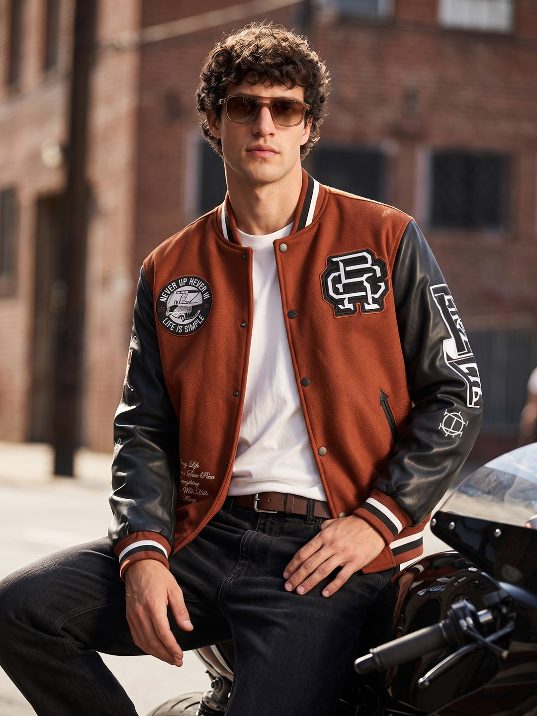 Men's Brown Regular Fit Embroidered Street Wear Biker Jacket