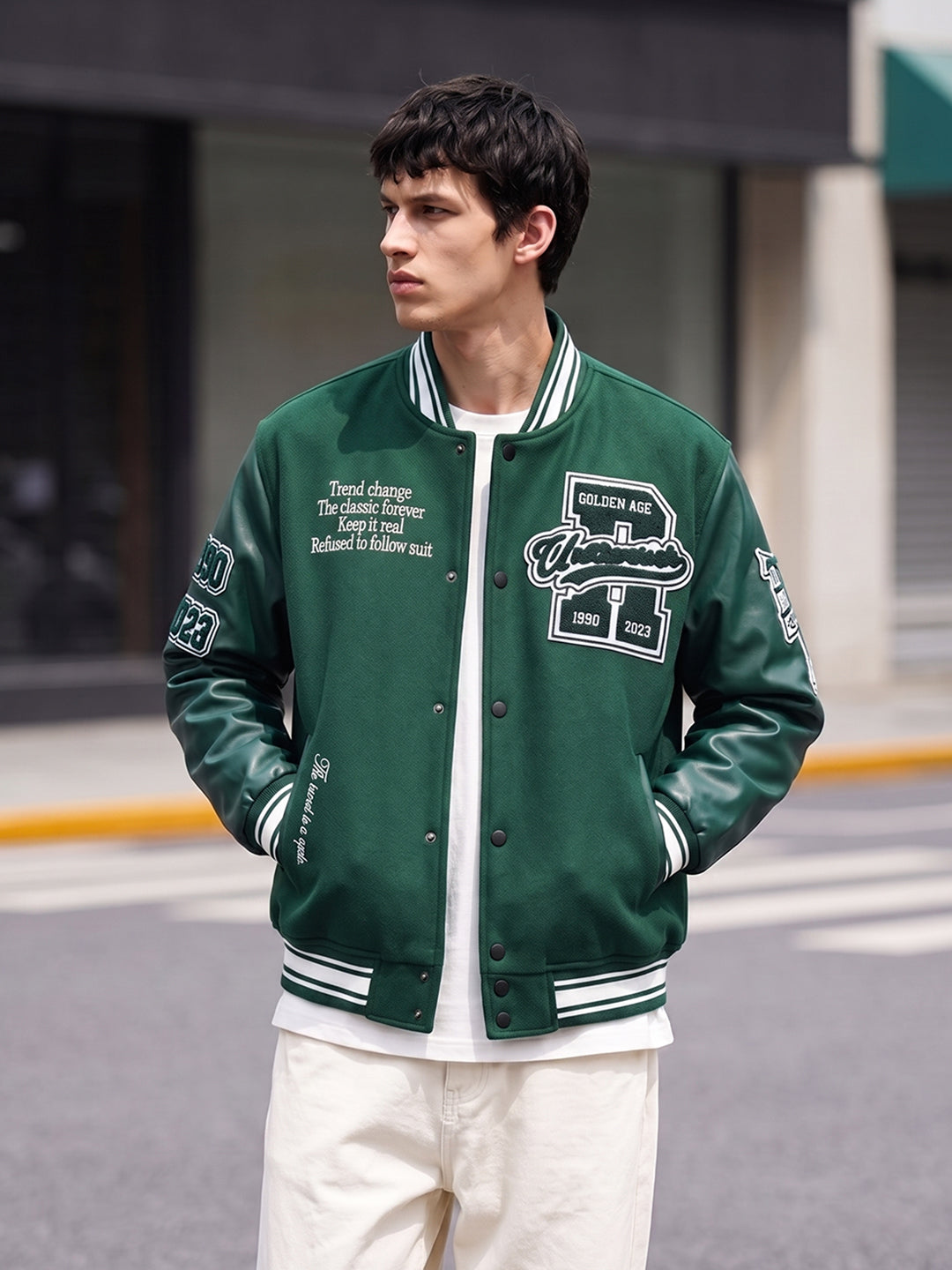 Men's Green Regular Fit Embroidered Street Wear Biker Jacket