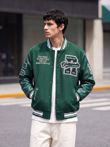 Men's Green Regular Fit Embroidered Street Wear Biker Jacket