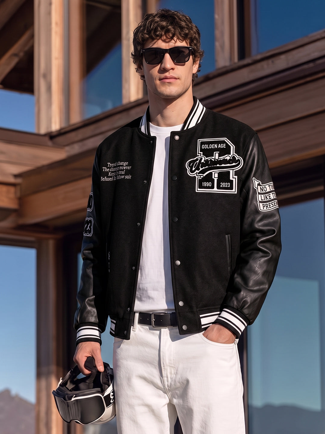 Men's Black Regular Fit Embroidered Street Wear Biker Jacket