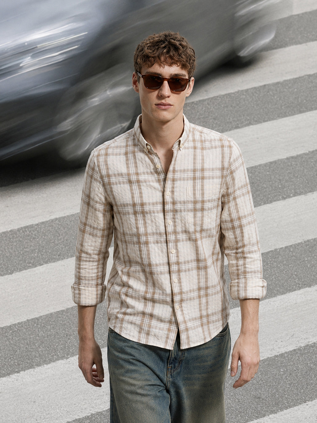 Men's Khaki Slim Fit Checkered Casual Shirt