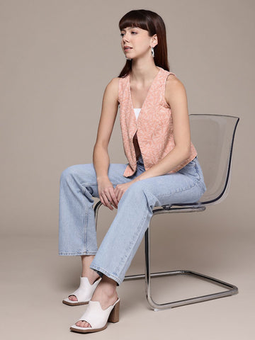 Freehand Peach The Indian Garage Co Women Fitted Textured Cinched Waist Top