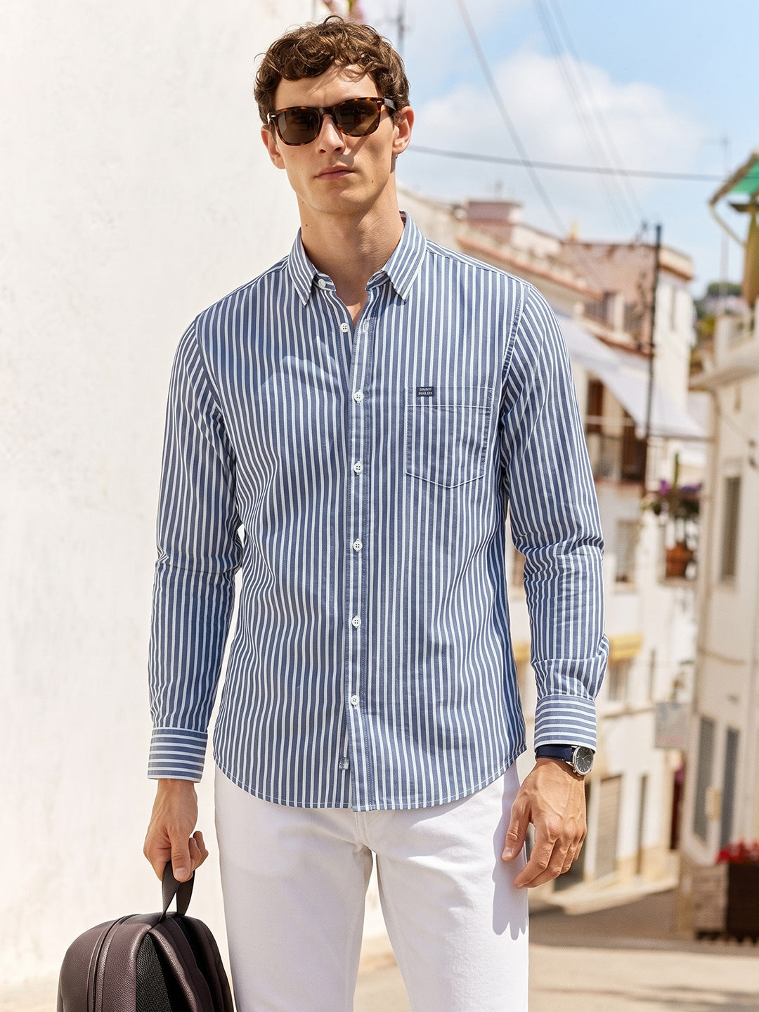 Men's Blue Slim Fit Striped Casual Shirt