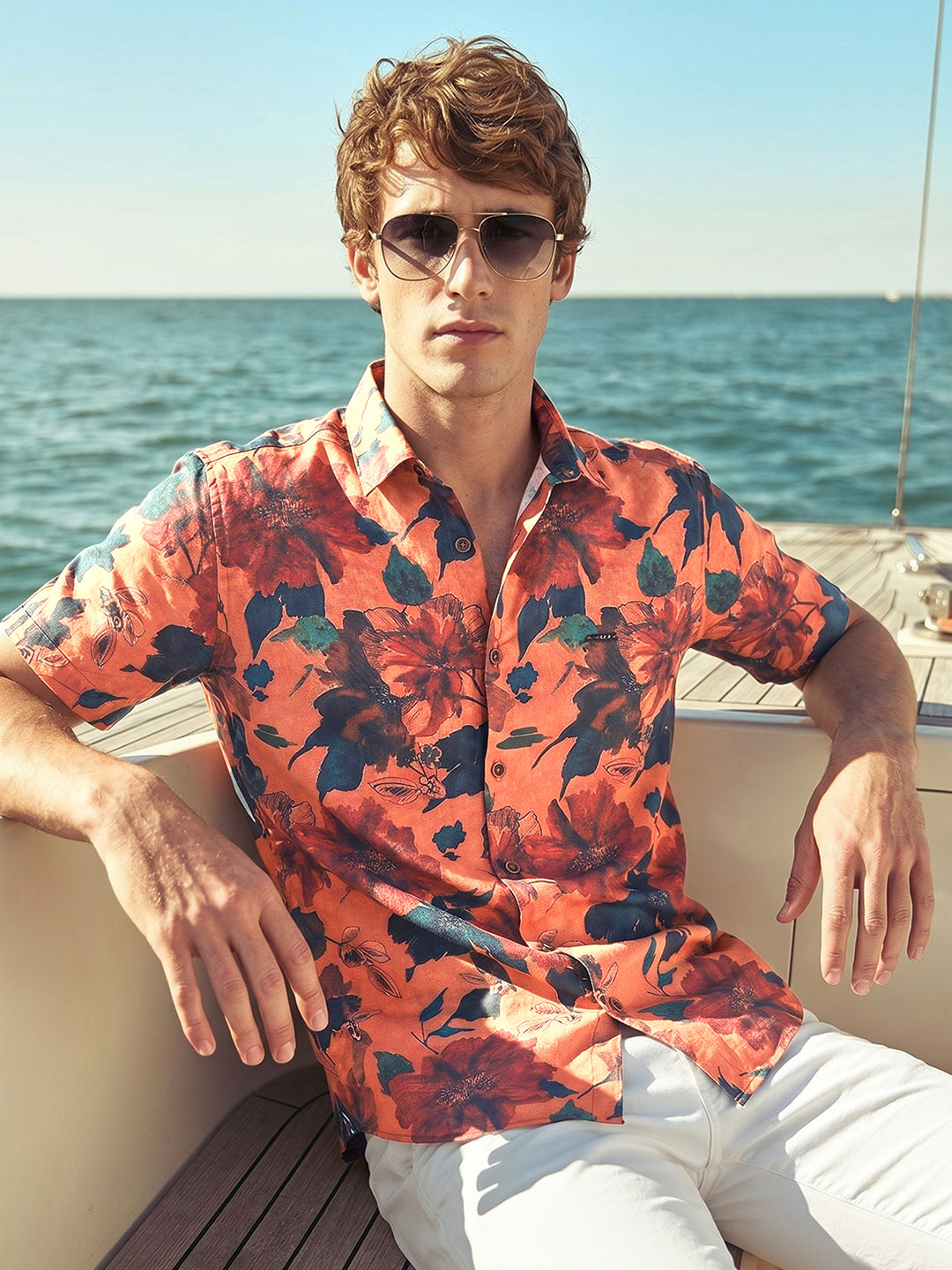 Men's Orange Slim Fit Printed Casual Shirt