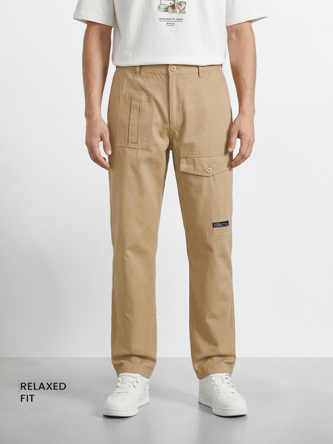 Men's Khaki Relaxed Fit Solid Casual Trousers