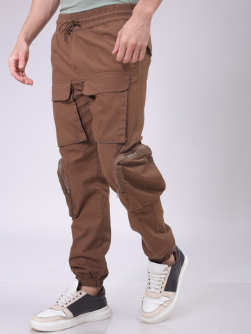 Men's Brown Regular Fit Solid Mid-Rise Elasticated Cuffed Cargo Joggers