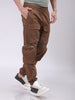 Men's Brown Regular Fit Solid Mid-Rise Elasticated Cuffed Cargo Joggers