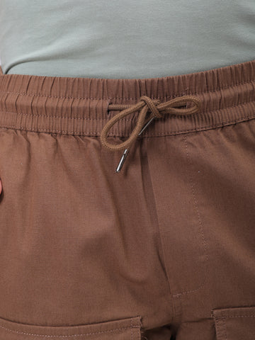 Men's Brown Regular Fit Solid Mid-Rise Elasticated Cuffed Cargo Joggers