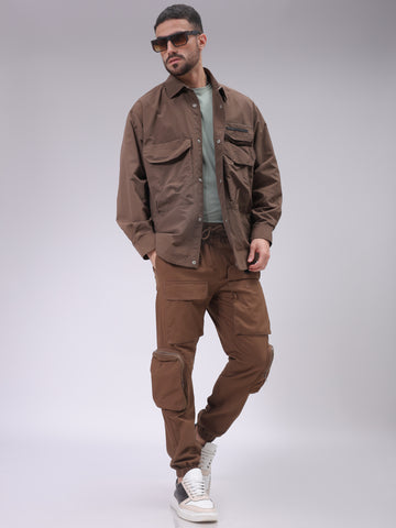 Men's Brown Regular Fit Solid Mid-Rise Elasticated Cuffed Cargo Joggers
